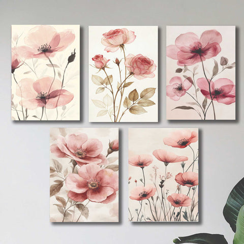 set of 5 pink flowers floral wall art wooden sticky frames for girls room home decoration / sticky phototiles