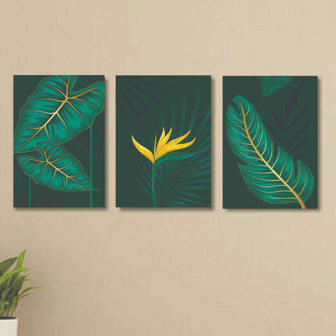 Set of 3 GREEN Flowers Wall Art Wooden Frames for Home Decoration / Sticky Photo Tiles