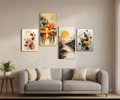 Set of 4 Orange Grey African Valley Scenic Lowlands | Wooden Sticky Wall Tiles | 8x16" & 8x11" | Double Tape Included