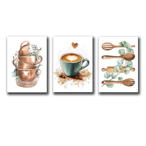 Set of 3 Wall Art Sticky Wooden Canvas Frames for Dining Room and Kitchen Decor / Sticky Photo Tiles