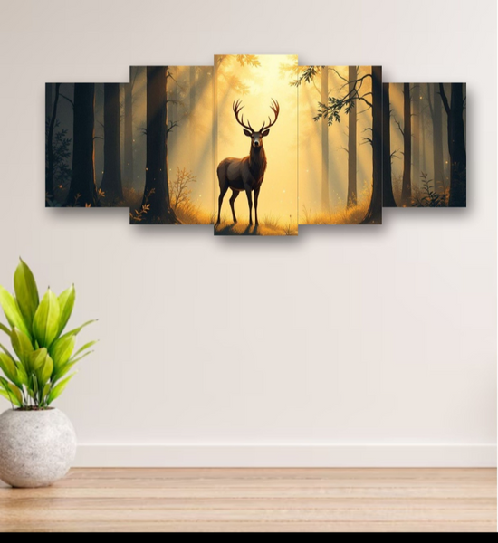 5-Piece Wooden Wall Frame – Deer in Forest Sunset Design | 16x40 Inch with Sticky Tiles