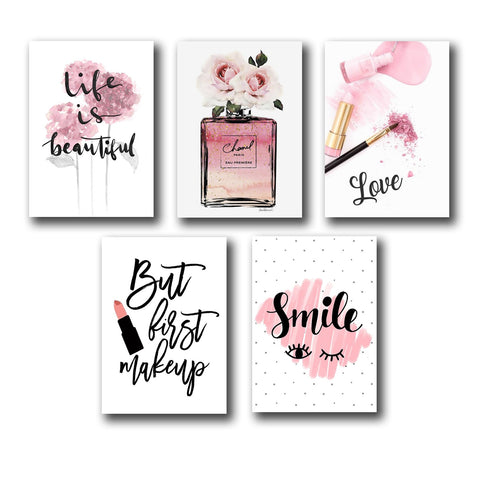 set of 5 make up themed girls room decor wall art wooden sticky Phototile frames (8 x 11 inches)