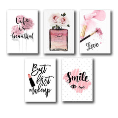 set of 5 make up themed girls room decor wall art wooden sticky Phototile frames (8 x 11 inches)